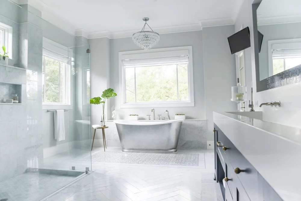 Refined Marble and Navy Accents Bathroom Design, Woodland Hills, CA, by KM Builders