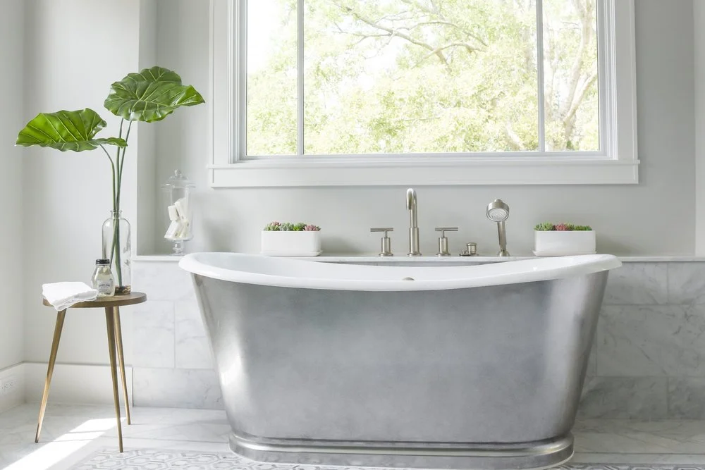 Refined Marble and Navy Accents Bathroom Design, Woodland Hills, CA, by KM Builders