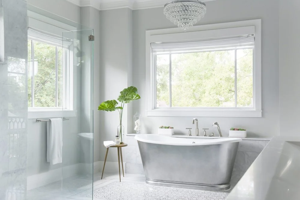 Refined Marble and Navy Accents Bathroom Design, Woodland Hills, CA, by KM Builders