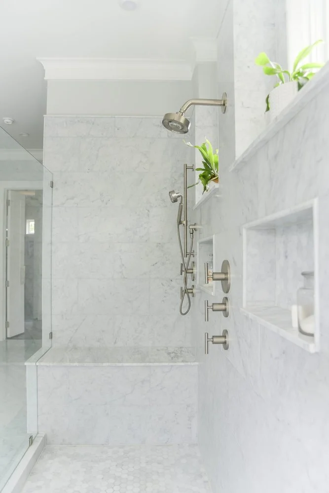 Refined Marble and Navy Accents Bathroom Design, Woodland Hills, CA, by KM Builders