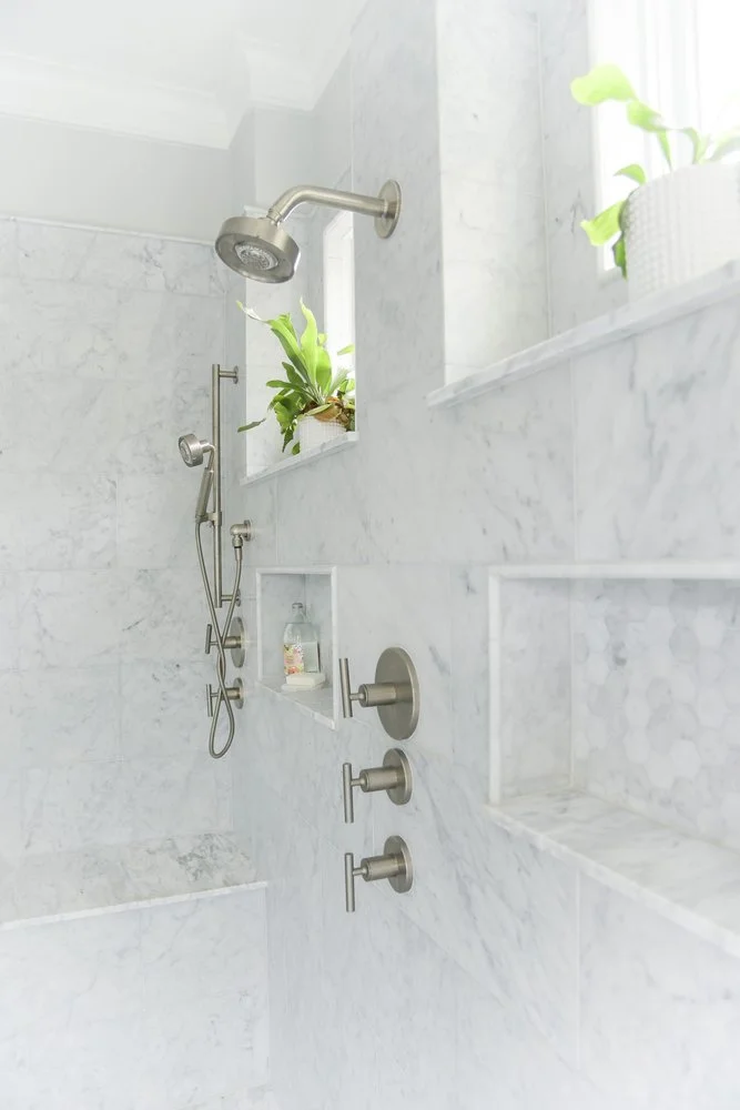 Refined Marble and Navy Accents Bathroom Design, Woodland Hills, CA, by KM Builders