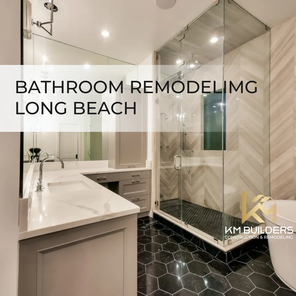 Long Beach bathroom with vanity, glass shower enclosure and chevron-pattern wall tile